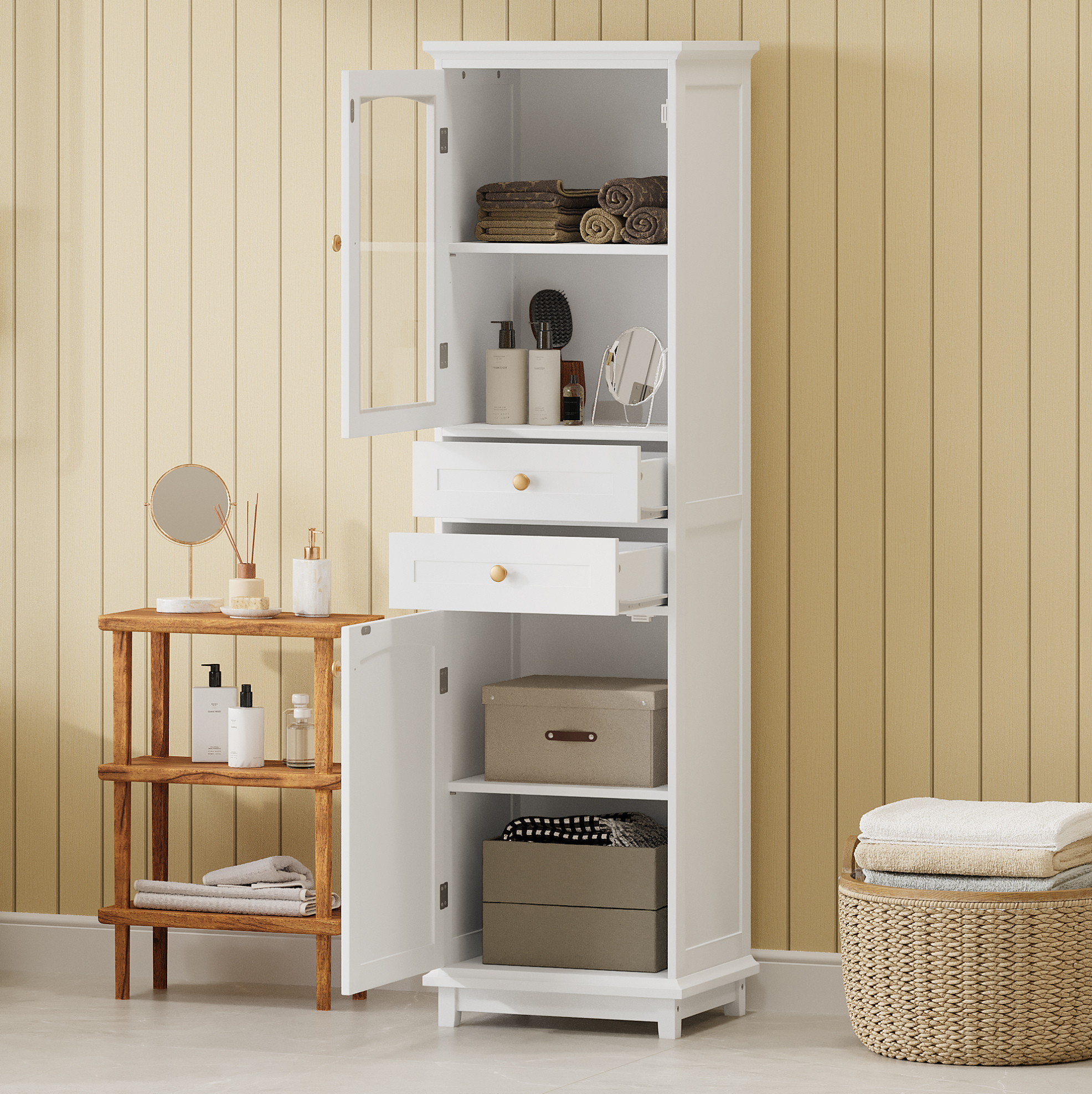 Badezimmerschrank 45,11 X 36,1 X 160 Cm Weiß Aus Mdf Mit Glastüren Und 2 Schubladen