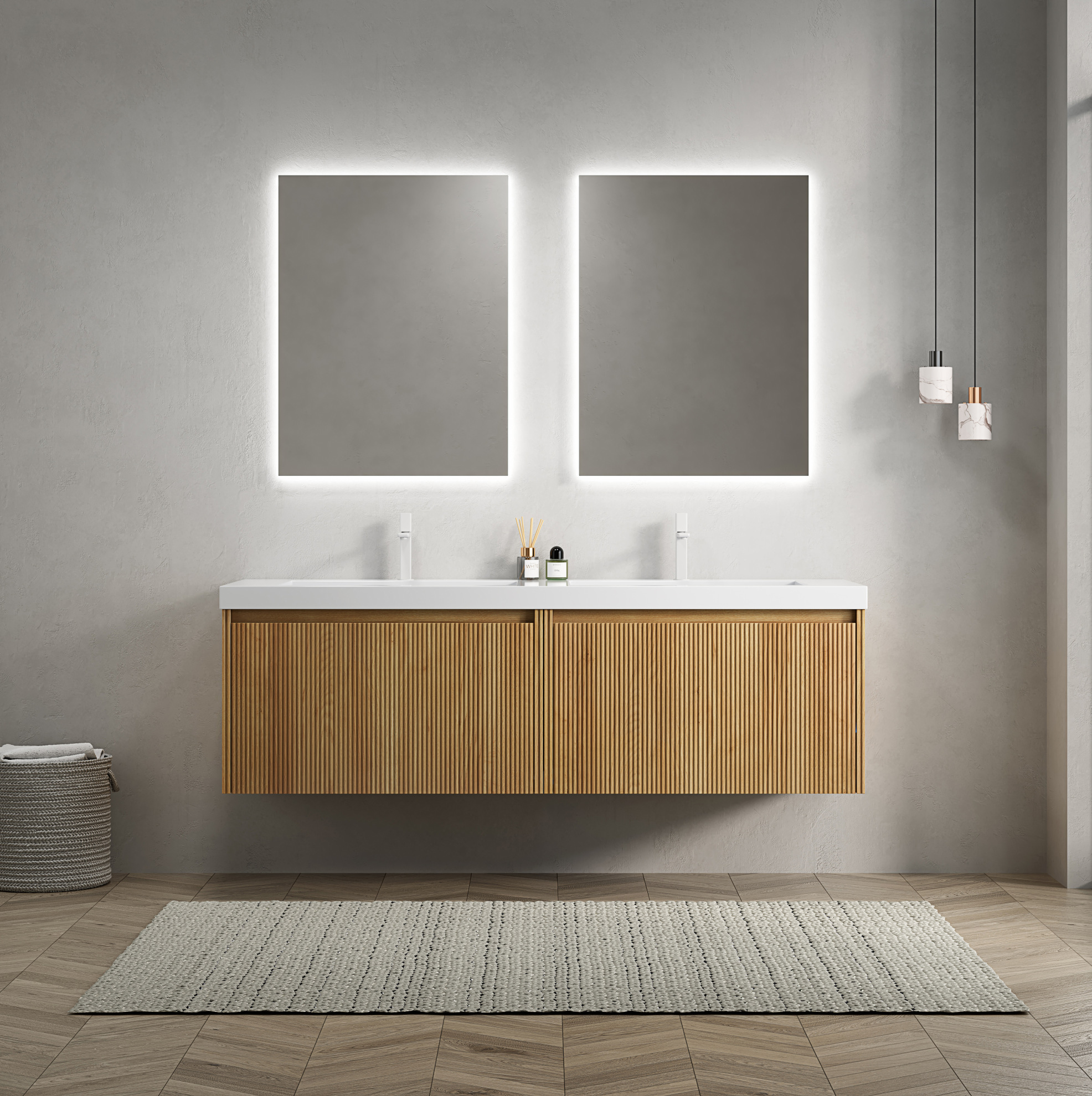 Hängender Badschrank 140 Cm Mit Doppelwaschbecken Aus Weißem Kunstharz Und 2 Schubladen