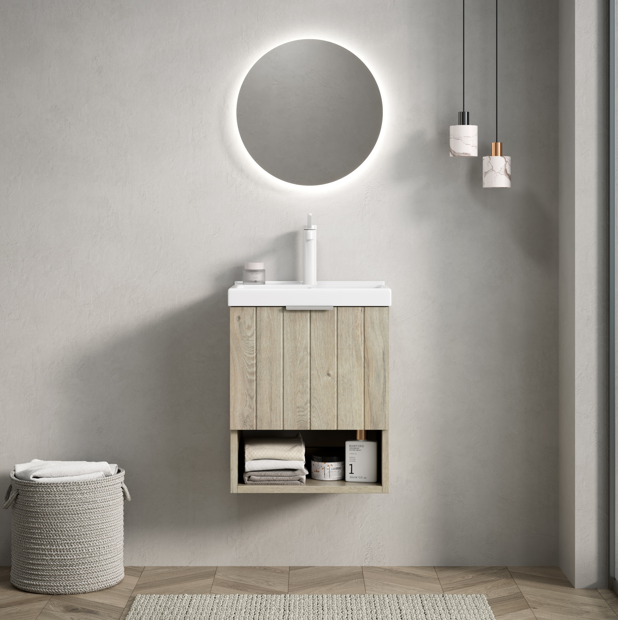 Hängender Badwaschtisch 42 Cm Mit Weißem Keramikwaschbecken Und Eichenoptik-unterschrank
