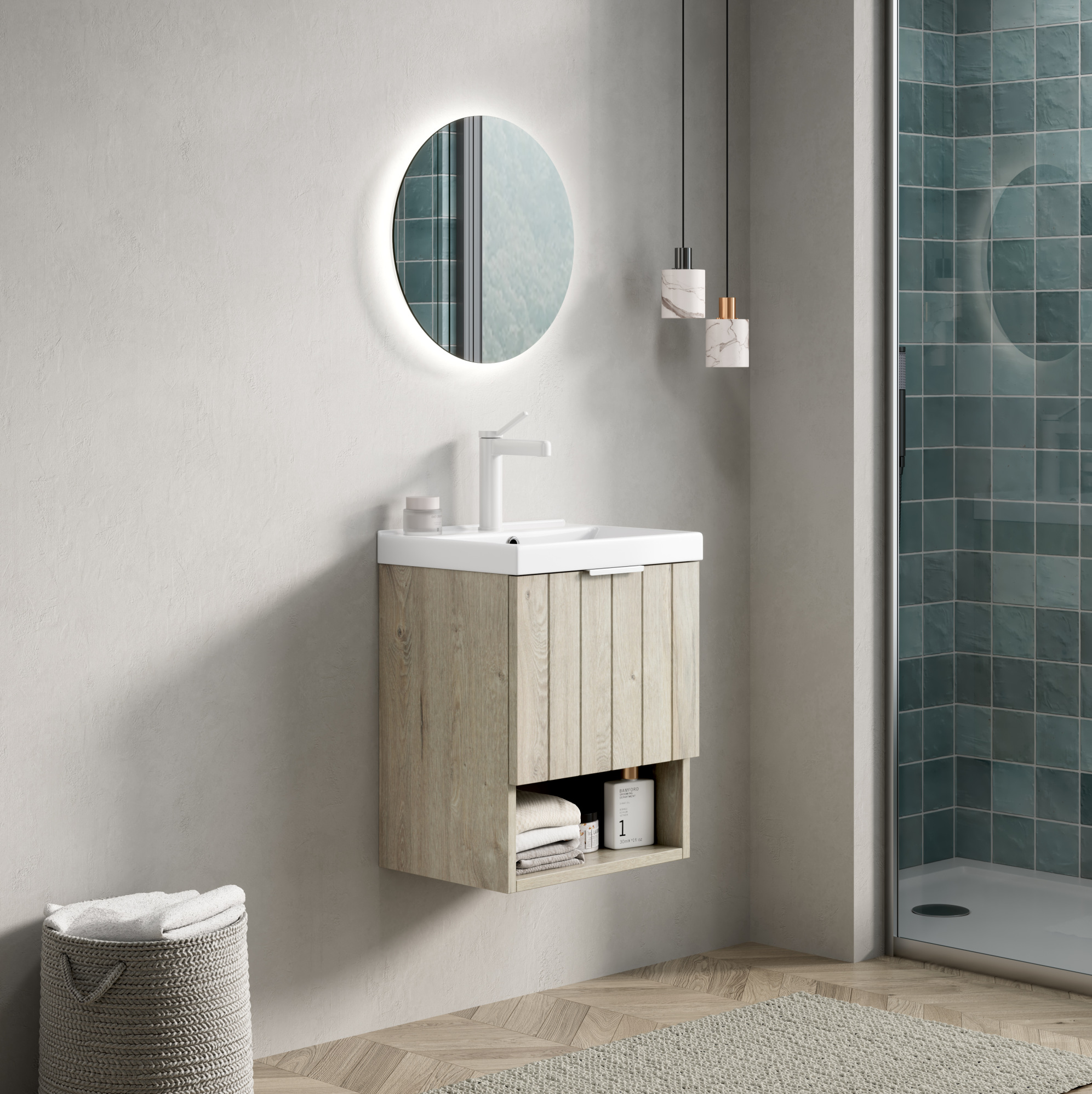 Hängender Badwaschtisch 42 Cm Mit Weißem Keramikwaschbecken Und Möbel In Heller Holzoptik Okwish