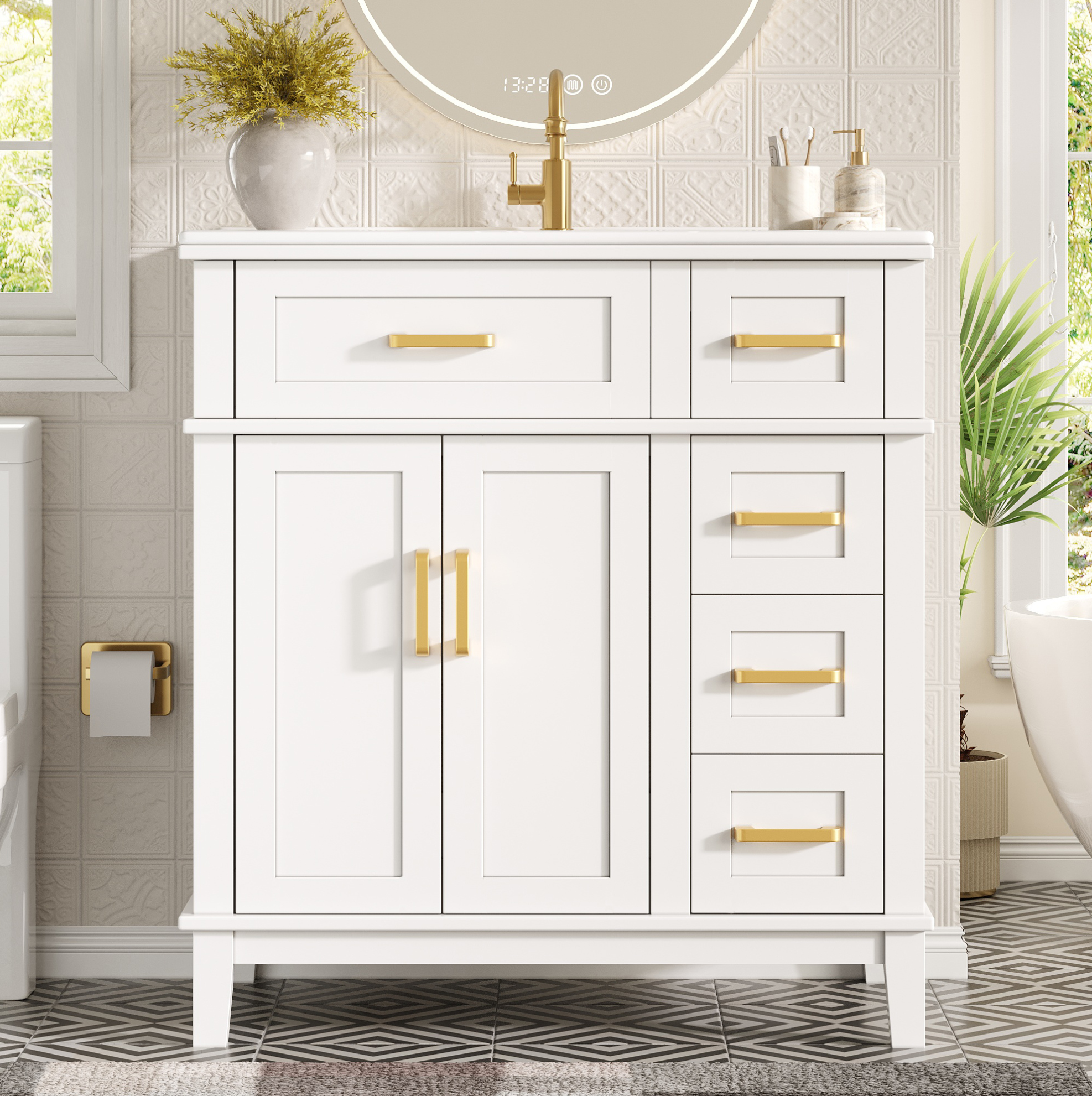 Badezimmerschrank Mit Weißem Keramikwaschbecken 76 X 46,5 X 86 Cm, Schubladen, Soft-close