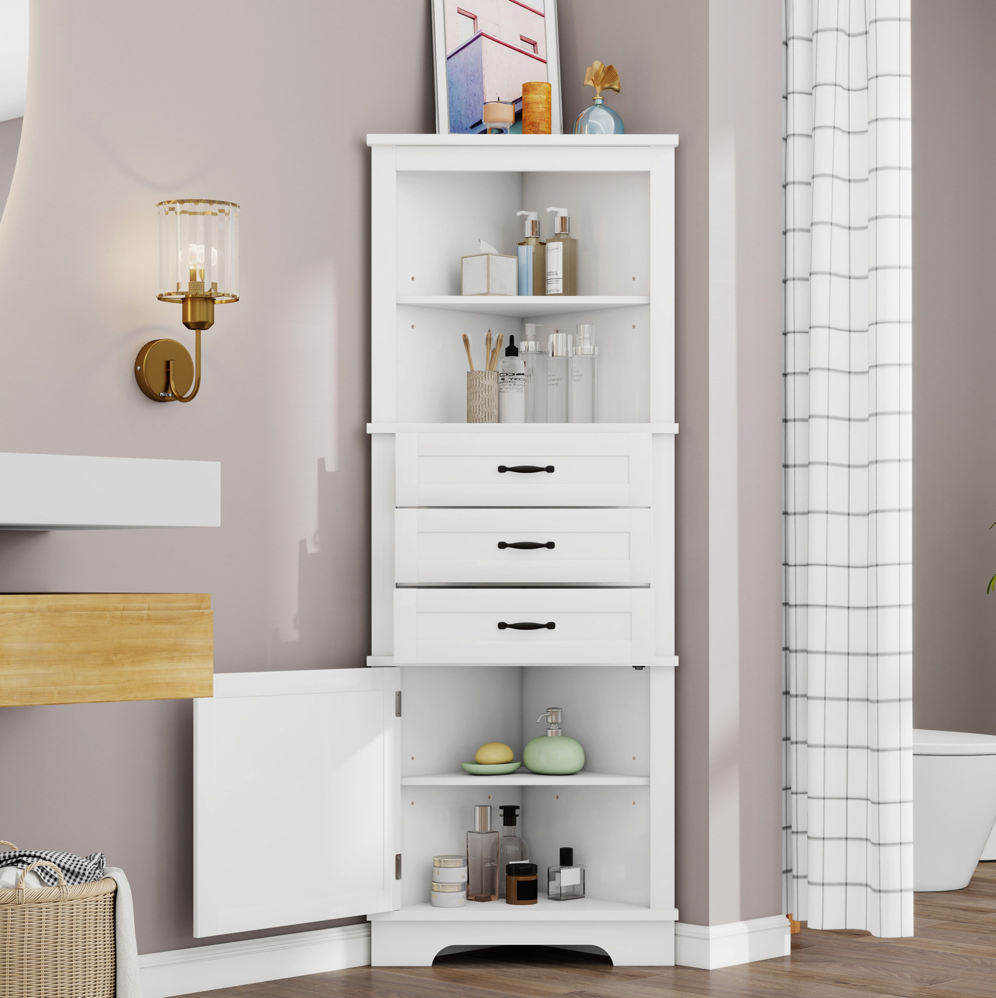Bad-eckschrank 57,7 X 46 X 167,5 Cm, Weißes Mdf, 3 Schubladen