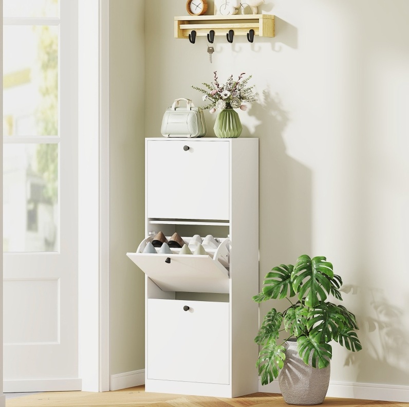 Weißer Schuhschrank Mit 3 Klappfächern Aus Melamin-spanplatte, 12 Paar, 47 X 26 X 120 Cm